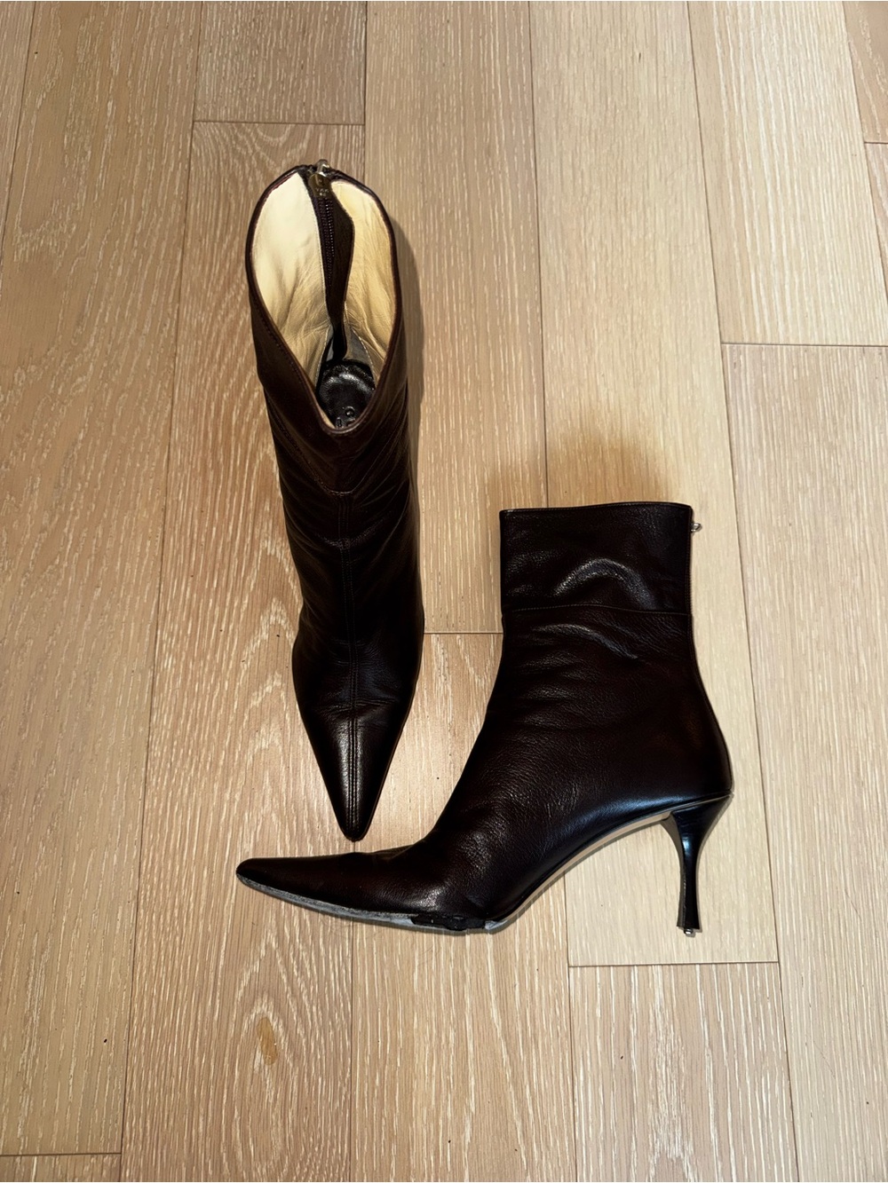 Chocolate Brown Leather Pointed Toe Ankle Boots